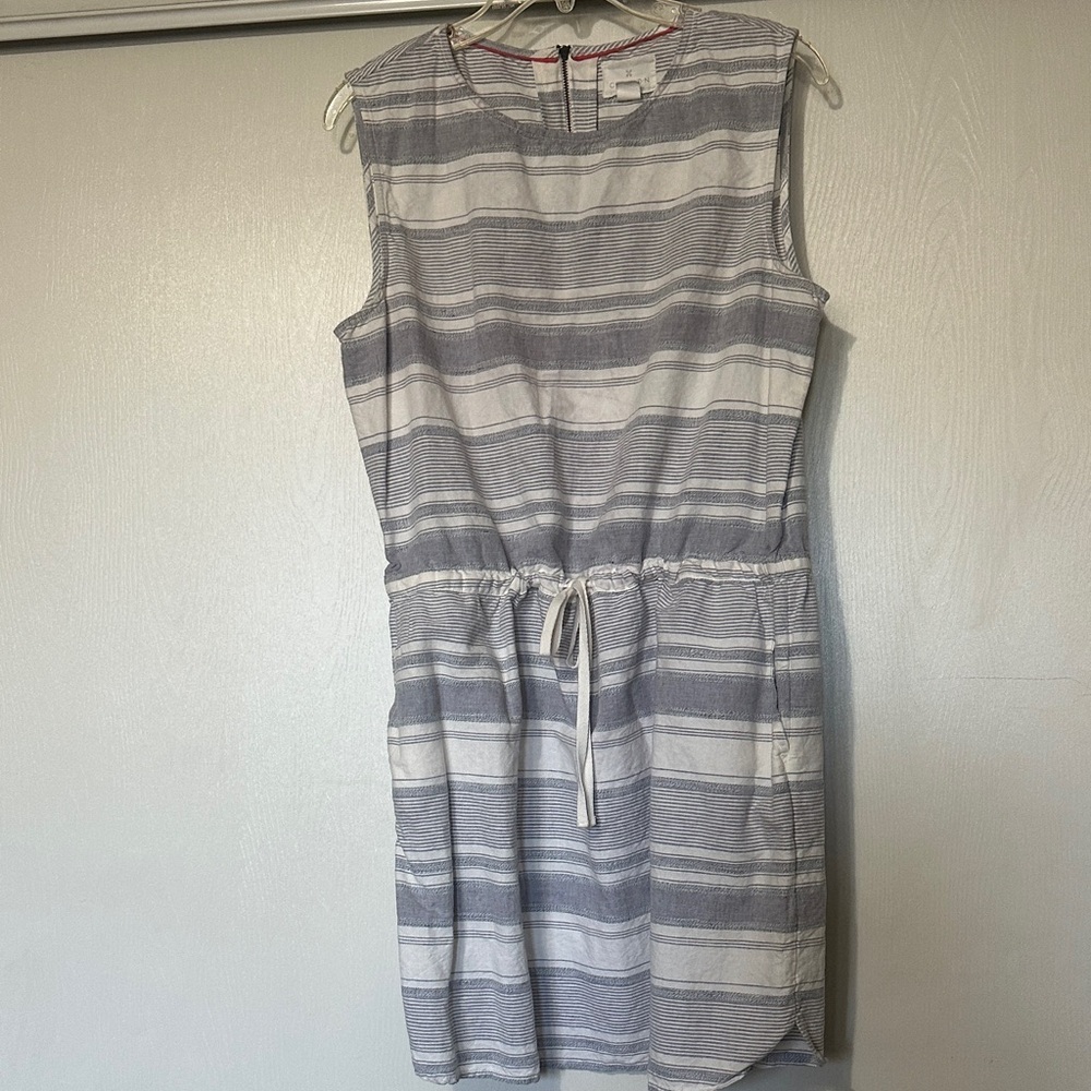 Caslon Sleeveless Striped Drawstring Waist Dress - White & Light Gray